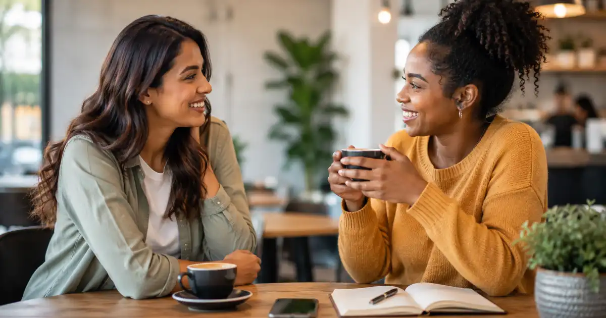 Two friends reconnecting over coffee in a modern cafe, representing friendship, warmth, thoughtful communication, and missing someone