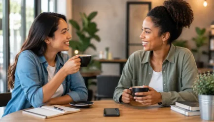 Two friends warmly reconnecting over coffee in a modern cafe, representing friendship, family connection, warmth, and thoughtful communication.
