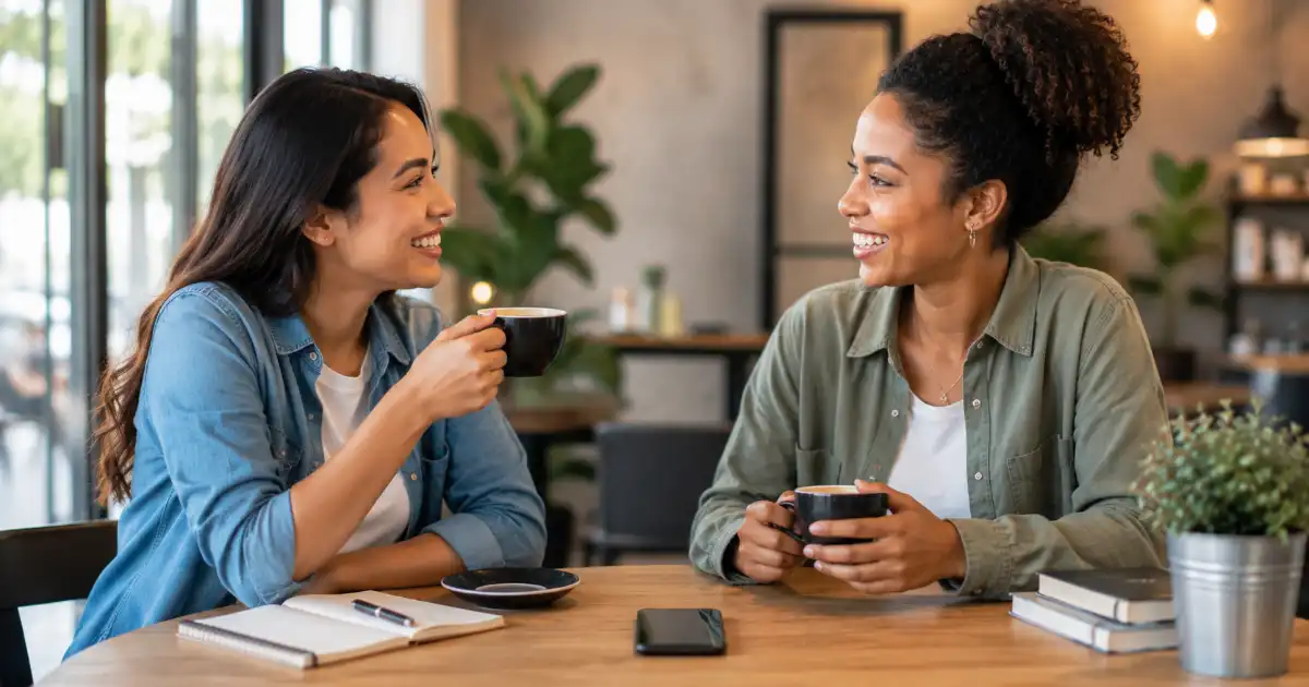 Two friends warmly reconnecting over coffee in a modern cafe, representing friendship, family connection, warmth, and thoughtful communication.