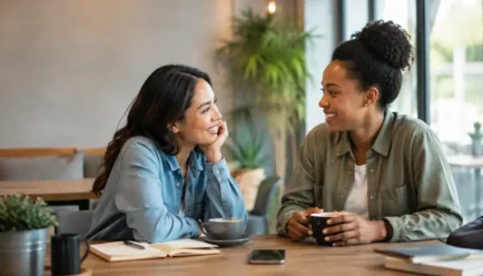 Two friends reconnecting over coffee in a modern cafe, representing friendship, warmth, thoughtful communication, and missing someone.