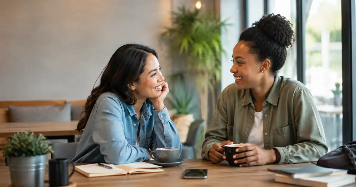 Two friends reconnecting over coffee in a modern cafe, representing friendship, warmth, thoughtful communication, and missing someone.