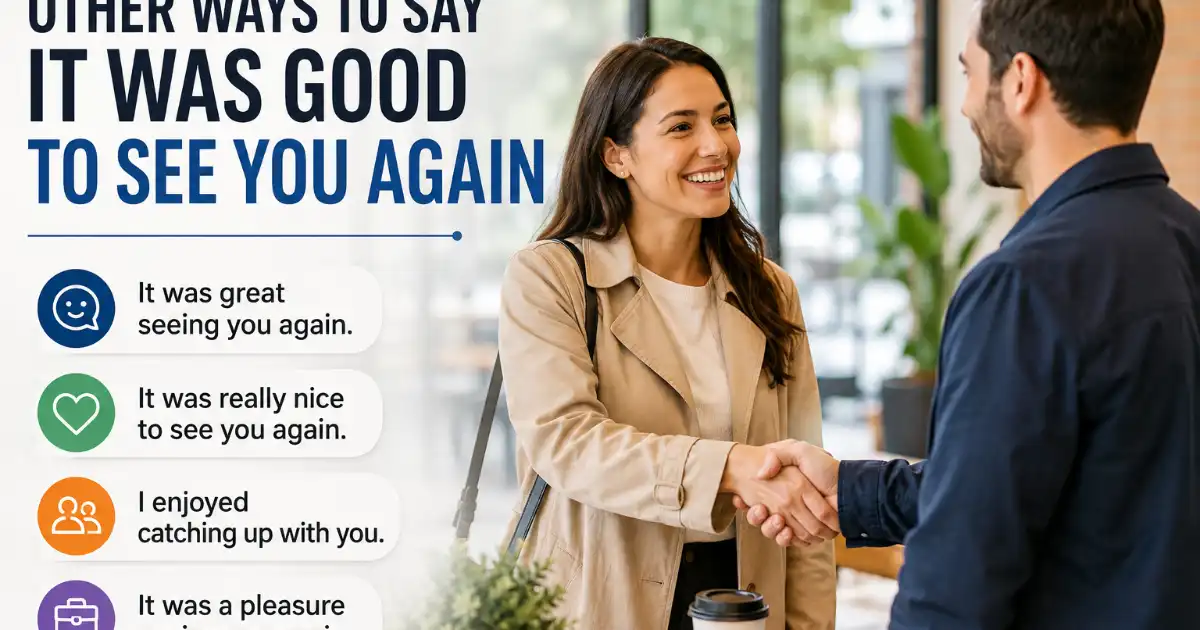Two people smiling and reconnecting over coffee while discussing ways to say “It was good to see you again