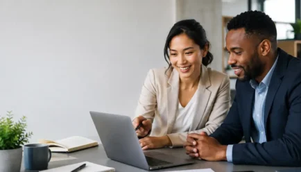 Two diverse professionals collaborating on a project, showing teamwork, meaningful contribution, and positive impact in the workplace