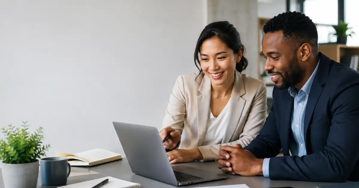Two diverse professionals collaborating on a project, showing teamwork, meaningful contribution, and positive impact in the workplace