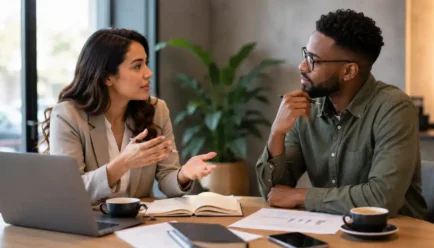Two diverse professionals discussing different viewpoints at a modern office table, representing contrast, comparison, and clear communication.