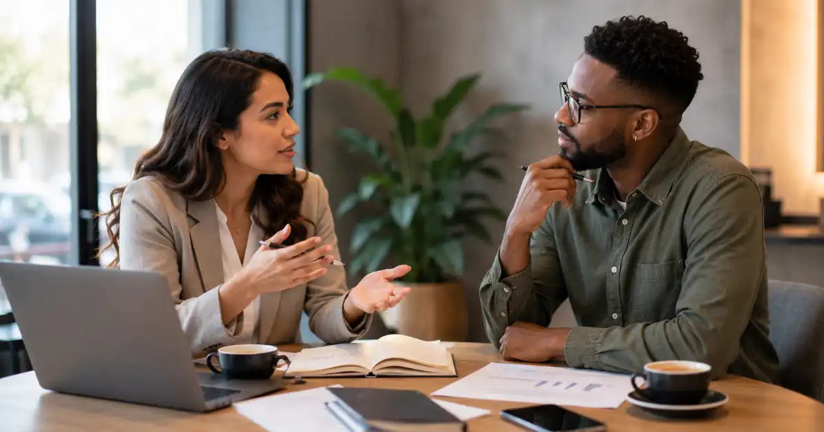 Two diverse professionals discussing different viewpoints at a modern office table, representing contrast, comparison, and clear communication.