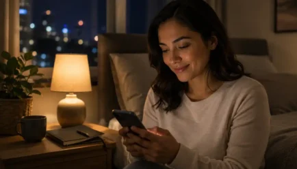 Adult woman sending a warm bedtime message on her smartphone in a cozy bedroom at night.