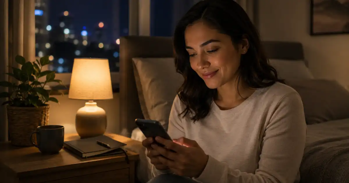Adult woman sending a warm bedtime message on her smartphone in a cozy bedroom at night.