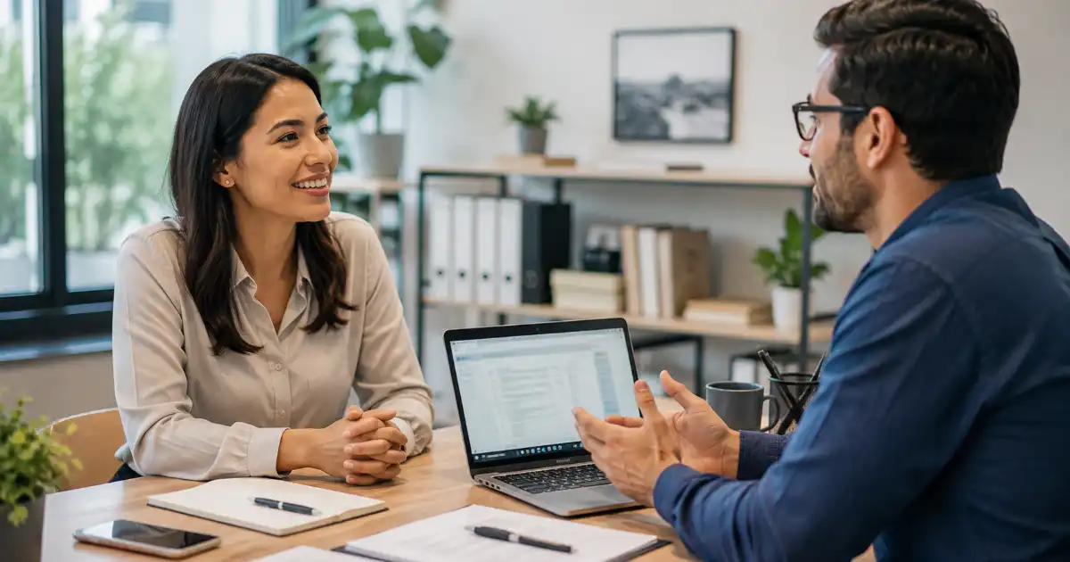 Two professionals having a friendly office conversation while sharing useful information and practicing clear workplace communication.