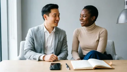 Two diverse professionals sitting at a modern office desk, smiling warmly at each other. A smartphone, pen, and open notebook sit on the clean desk in the foreground.