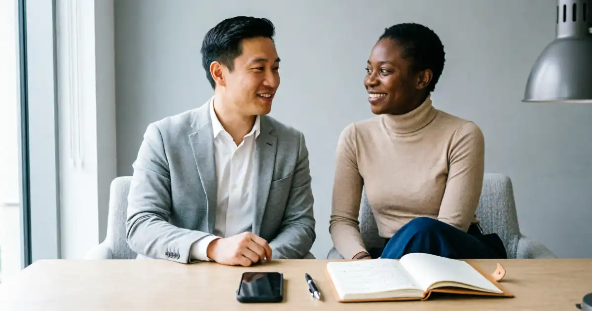 Two diverse professionals sitting at a modern office desk, smiling warmly at each other. A smartphone, pen, and open notebook sit on the clean desk in the foreground.