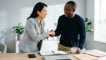Two diverse professionals in a bright, modern office sharing a friendly moment of gratitude, with a laptop, notebook, smartphone, and coffee cup on the desk.
