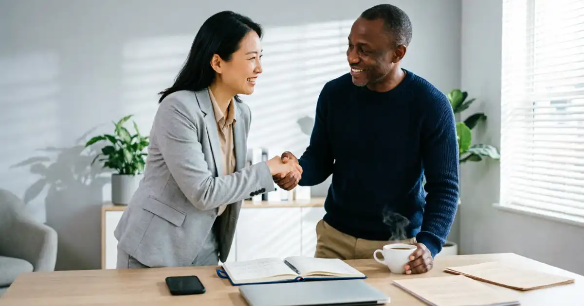 Two diverse professionals in a bright, modern office sharing a friendly moment of gratitude, with a laptop, notebook, smartphone, and coffee cup on the desk.