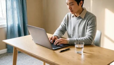 A professional man wearing a grey sweater typing on a silver laptop at a light wooden desk in a bright, minimalist home office with soft blue curtains and natural morning light. A glass of water and a pen rest on the desk.