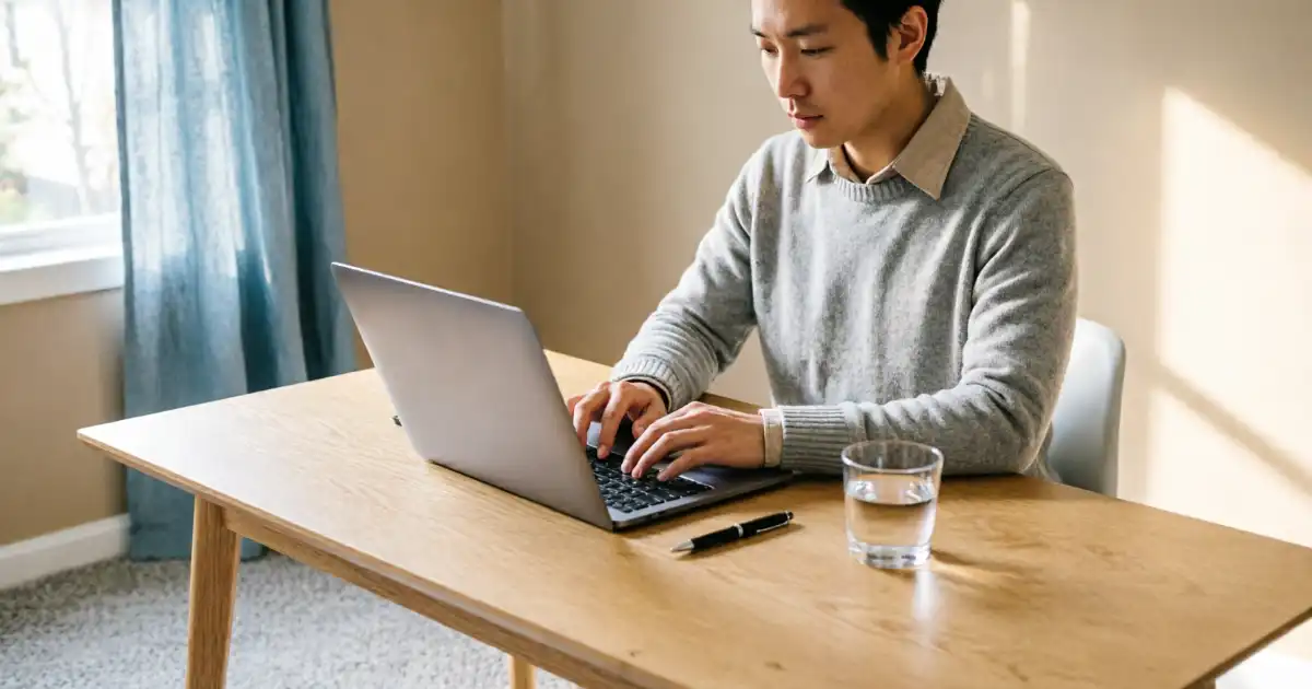 A professional man wearing a grey sweater typing on a silver laptop at a light wooden desk in a bright, minimalist home office with soft blue curtains and natural morning light. A glass of water and a pen rest on the desk.