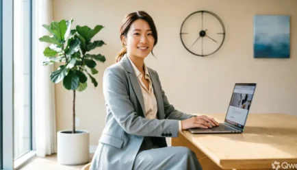 A smiling professional woman in a gray blazer working at a laptop on a wooden desk in a bright modern office with natural lighting, beige walls, and soft blue accents.