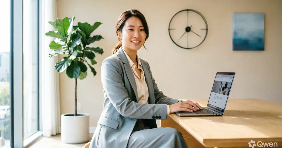 A smiling professional woman in a gray blazer working at a laptop on a wooden desk in a bright modern office with natural lighting, beige walls, and soft blue accents.
