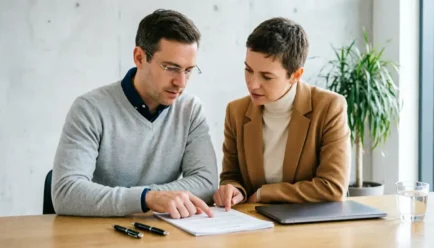 Two professionals discussing a document at a bright minimalist desk, illustrating strong communication skills and collaboration in a modern workplace