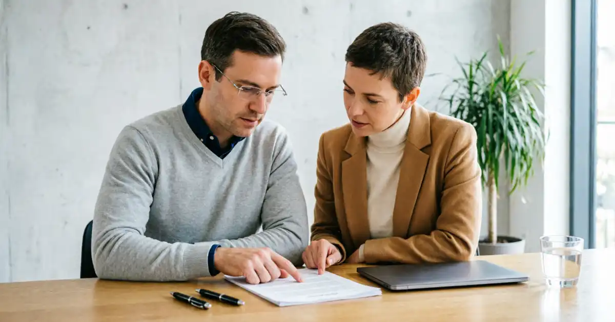 Two professionals discussing a document at a bright minimalist desk, illustrating strong communication skills and collaboration in a modern workplace