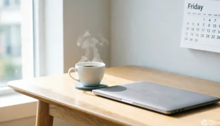 A minimalist wooden desk bathed in soft natural sunlight, featuring a steaming white coffee cup on a blue coaster, a closed silver laptop, and a wall calendar prominently displaying the word "Friday."