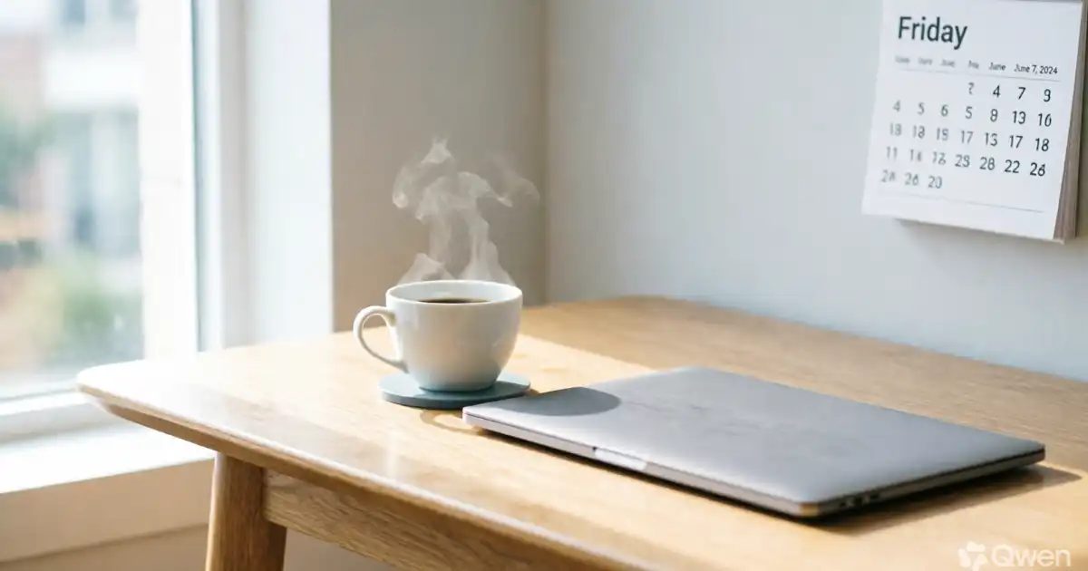 A minimalist wooden desk bathed in soft natural sunlight, featuring a steaming white coffee cup on a blue coaster, a closed silver laptop, and a wall calendar prominently displaying the word "Friday."