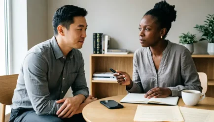 Two adults having a thoughtful conversation, showing empathy and emotional support.