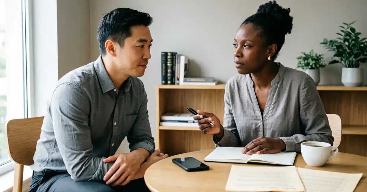 Two adults having a thoughtful conversation, showing empathy and emotional support.
