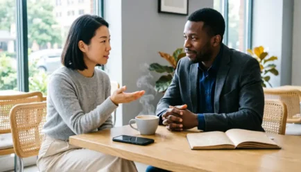 Two diverse professionals sitting at a wooden cafe table. One person is speaking while the other listens attentively with a reassuring expression. A smartphone, open notebook, and coffee cup are on the table.
