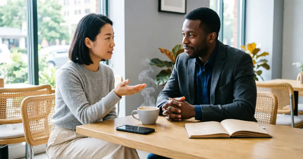 Two diverse professionals sitting at a wooden cafe table. One person is speaking while the other listens attentively with a reassuring expression. A smartphone, open notebook, and coffee cup are on the table.