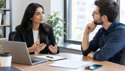 Two professionals having a thoughtful discussion in a modern office, with a laptop, notebook, documents, and smartphone on the table.
