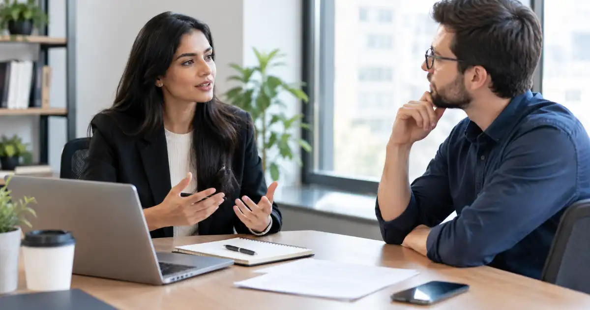 Two professionals having a thoughtful discussion in a modern office, with a laptop, notebook, documents, and smartphone on the table.