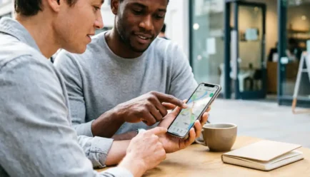 Two diverse adults sitting at an outdoor cafe table, looking at a map on a smartphone to find nearby locations, with a coffee cup and notebook on the table and blurred urban storefronts in the background.