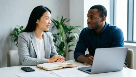 Two diverse professionals having a friendly conversation at a modern office desk with a laptop, open notebook, and smartphone, illustrating positive workplace communication and collaboration.