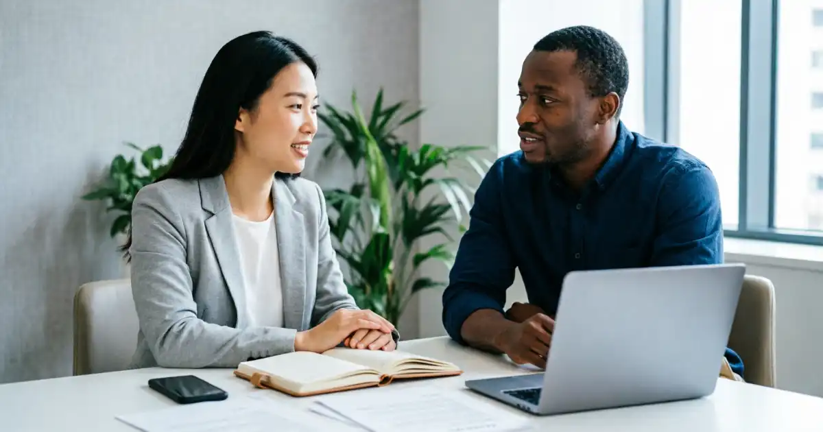 Two diverse professionals having a friendly conversation at a modern office desk with a laptop, open notebook, and smartphone, illustrating positive workplace communication and collaboration.