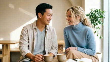 A smiling man and woman having a friendly conversation at a wooden table in a bright, minimalist coffee shop. They are holding ceramic coffee mugs, with an open notebook and pen resting on the table. The scene features soft natural lighting, warm beige walls, and soft blue accents, creating a professional and welcoming atmosphere.