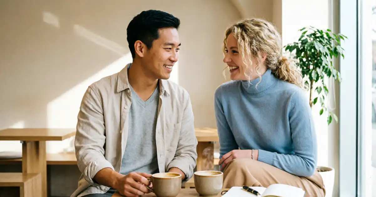 A smiling man and woman having a friendly conversation at a wooden table in a bright, minimalist coffee shop. They are holding ceramic coffee mugs, with an open notebook and pen resting on the table. The scene features soft natural lighting, warm beige walls, and soft blue accents, creating a professional and welcoming atmosphere.