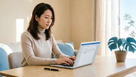Professional woman in beige turtleneck sweater typing on laptop at wooden desk in bright minimalist home office with natural morning light, blue accent pillows, and monstera plant, creating thoughtful messages for work or personal communication