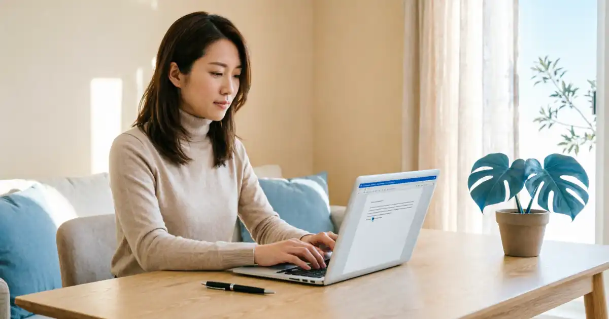 Professional woman in beige turtleneck sweater typing on laptop at wooden desk in bright minimalist home office with natural morning light, blue accent pillows, and monstera plant, creating thoughtful messages for work or personal communication