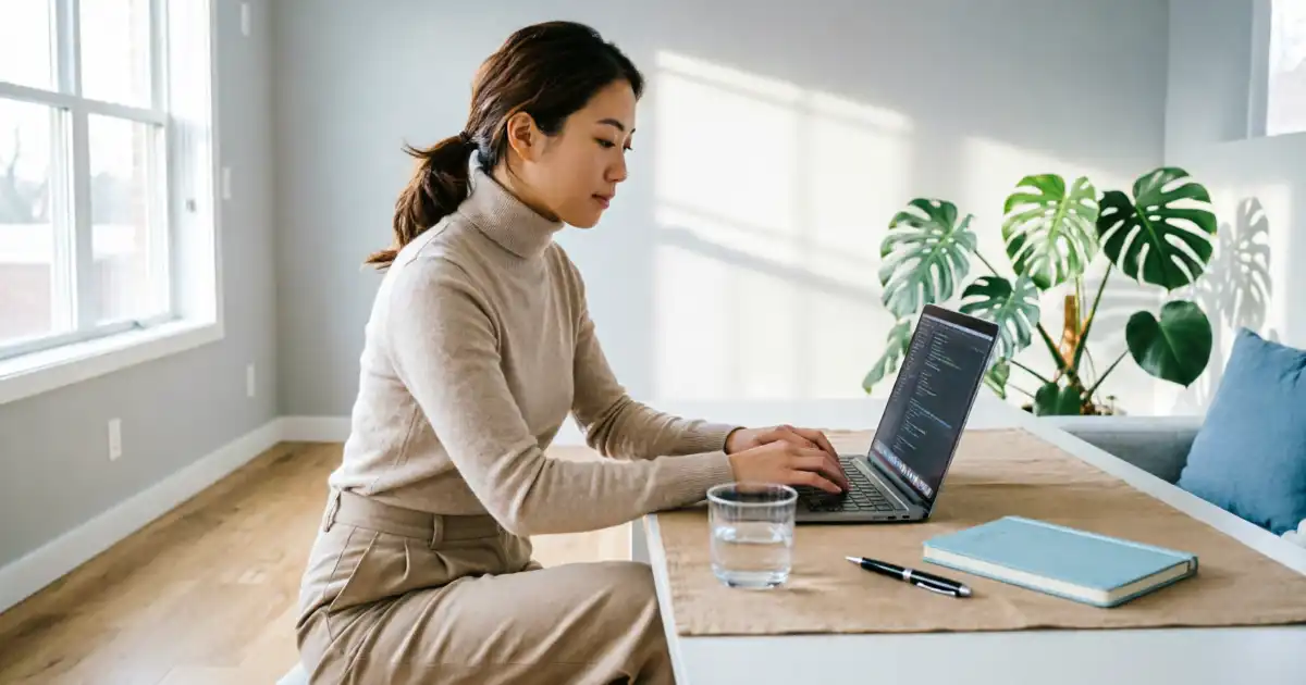 A person focused on typing on a laptop in a bright, minimalist home office with warm beige and soft blue accents and natural morning light.
