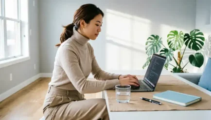 A person typing a thoughtful message on a laptop in a bright, minimalist home office with warm beige and soft blue accents and natural morning light.