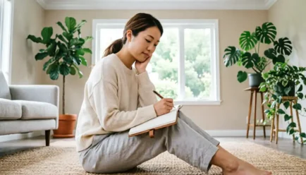 person sitting peacefully on the floor writing a thoughtful note in a bright, minimalist living room with soft green plants and natural morning light.