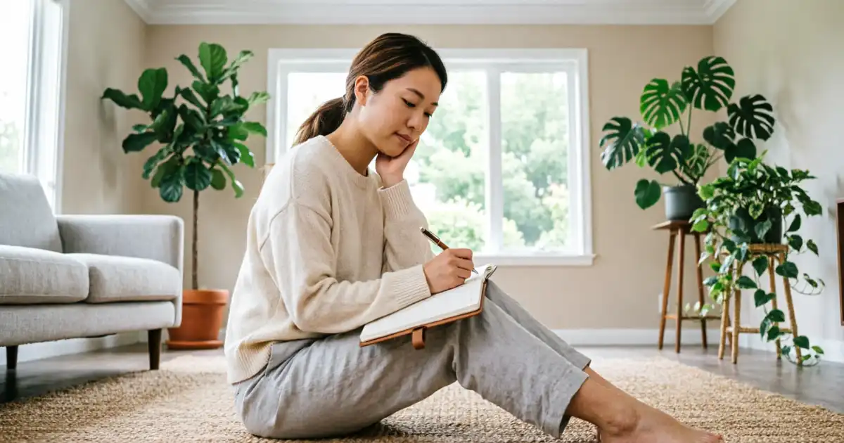 person sitting peacefully on the floor writing a thoughtful note in a bright, minimalist living room with soft green plants and natural morning light.