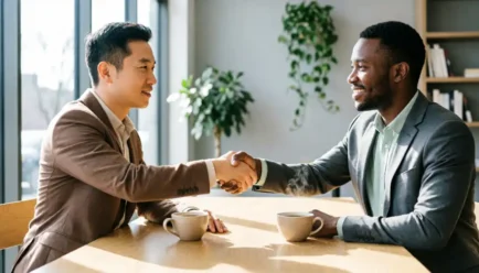Two smiling professionals shaking hands across a wooden table with coffee cups in a bright, modern workspace.