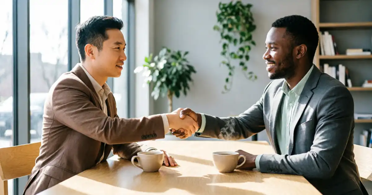 Two smiling professionals shaking hands across a wooden table with coffee cups in a bright, modern workspace.
