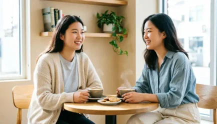 Two friends having a supportive conversation in a bright, minimalist coffee shop with warm beige and soft blue accents and natural morning light.