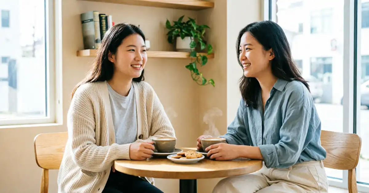 Two friends having a supportive conversation in a bright, minimalist coffee shop with warm beige and soft blue accents and natural morning light.