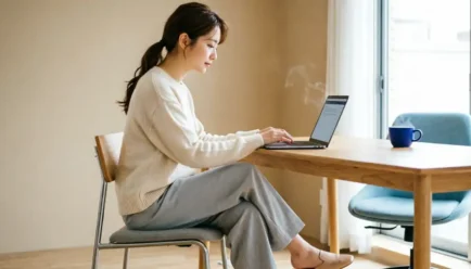 A woman typing a thoughtful message on a laptop in a bright, minimalist home office with soft natural morning light.