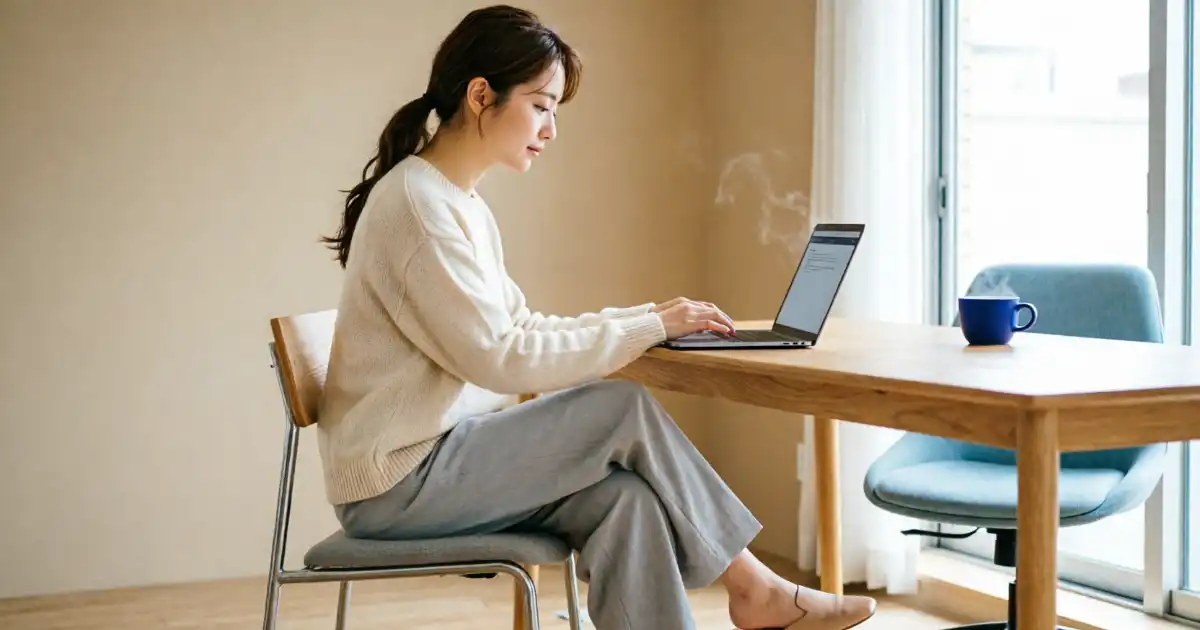 A woman typing a thoughtful message on a laptop in a bright, minimalist home office with soft natural morning light.